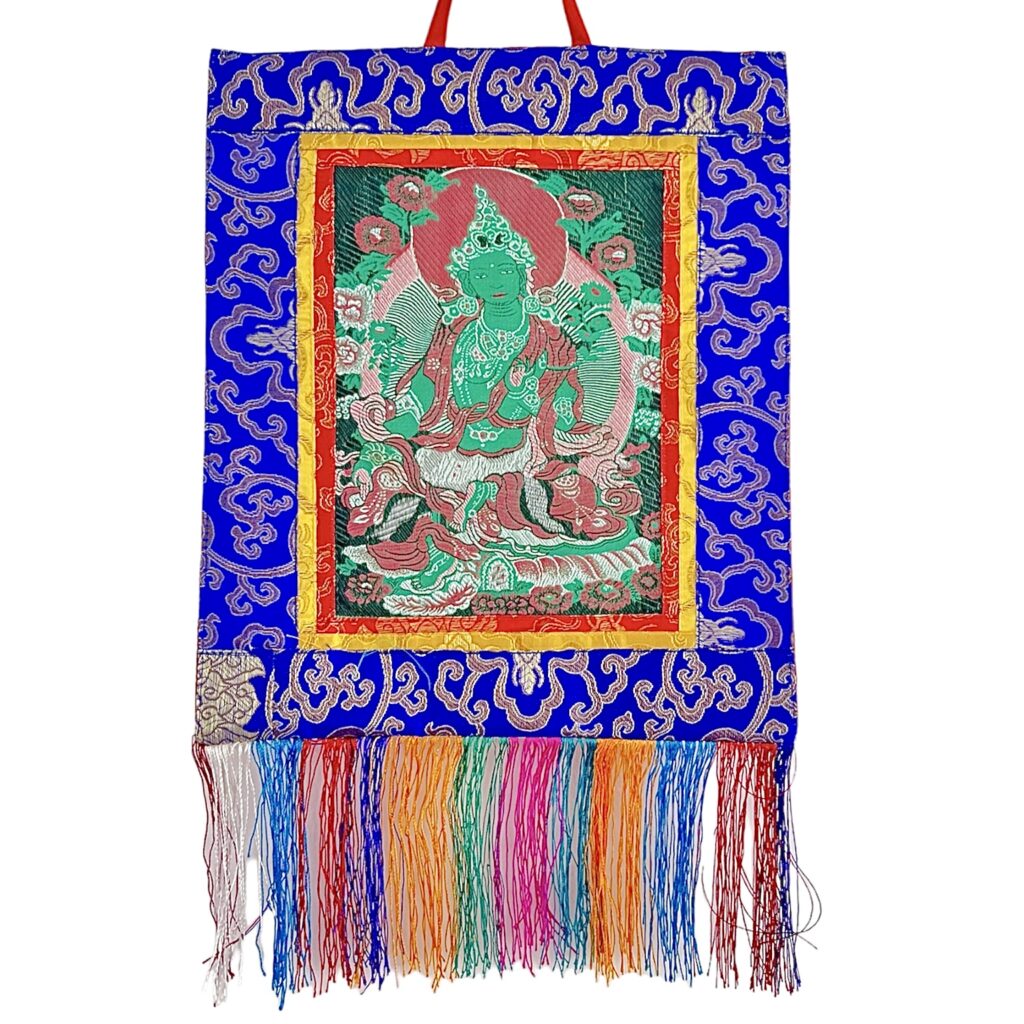 Thangka Tara Verde Brocado 28x40cm con fondo blanco